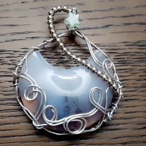 Flower quartz moon shaped stone wire wrap pendant